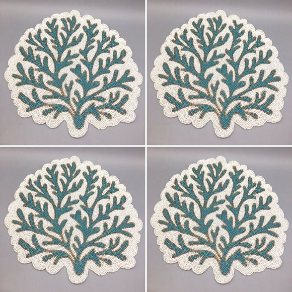 x4 Coastal Collection Beaded Ocean Blue Coral Reef Placemat Set Beach Decor 15" - Picture 1 of 7